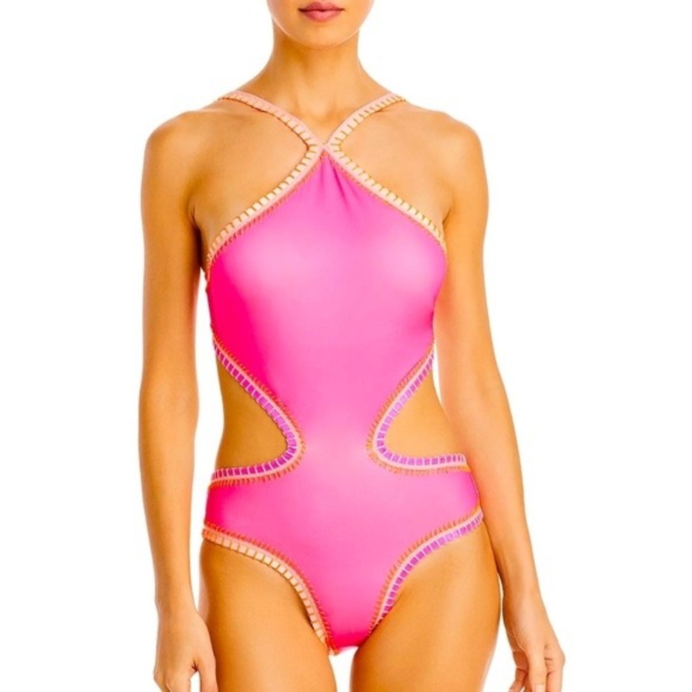 Platinum Swimwear One Piece Swimsuit Sz S Pink Orange Crochet Halter Neckline